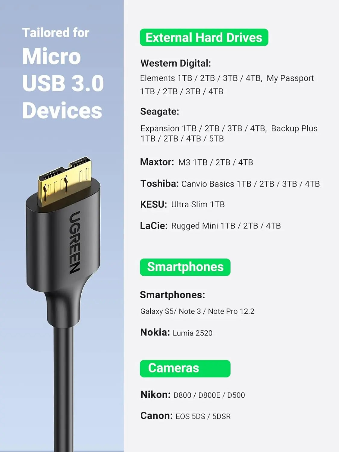UGREEN 0.5M USB 3.0 Micro B Cable 5Gbps Gold Plated External Hard Drive Galaxy S5 Note 3 Camera (10840)
